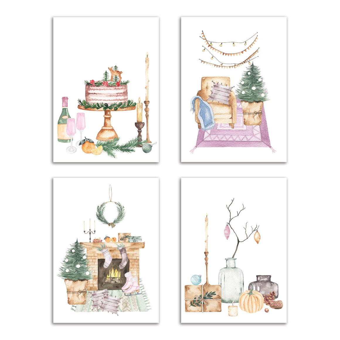 24 Cozy Home Holiday Illustrations in 4 Pale Pink Designs Christmas Cards + Envelopes