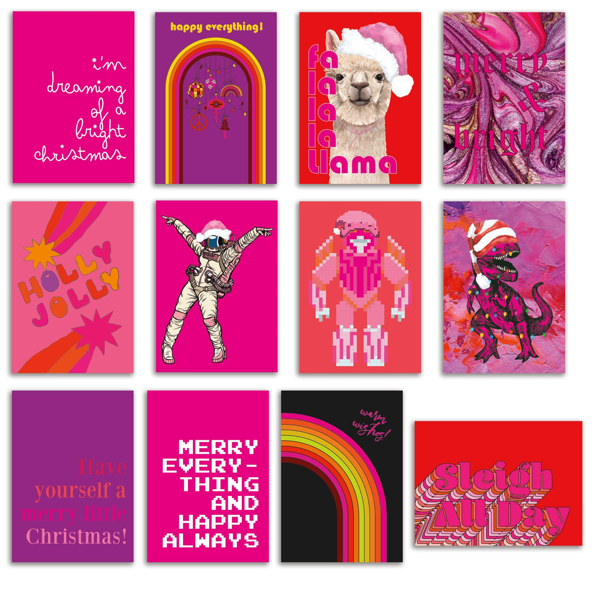 24 Hot Pink Christmas Cards in 12 Fun Designs + Envelopes