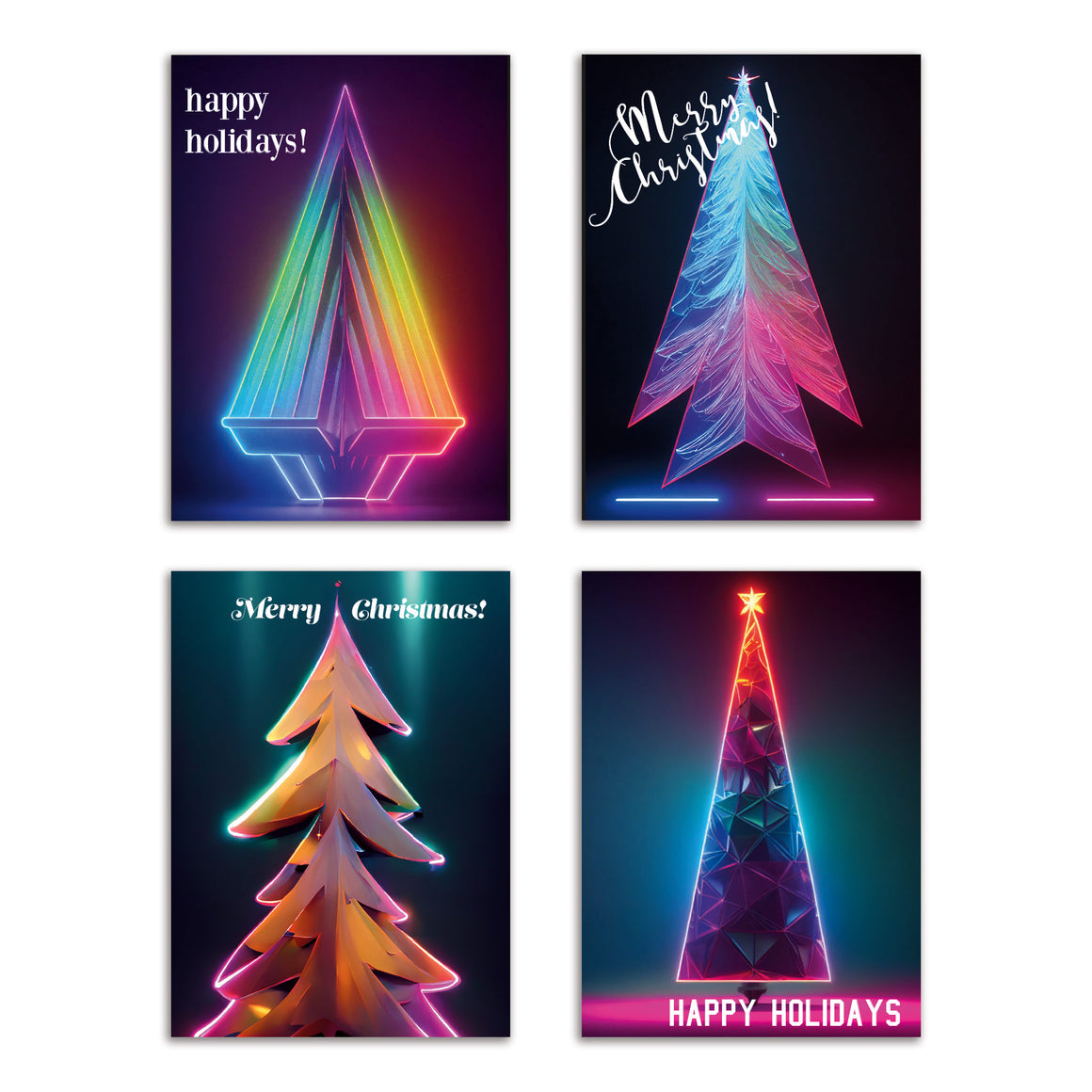 24 Modern Christmas Tree Greeting Cards in 4 Neon Designs + Envelopes
