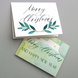 Watercolor Green Gold Christmas Cards - 24 Pack