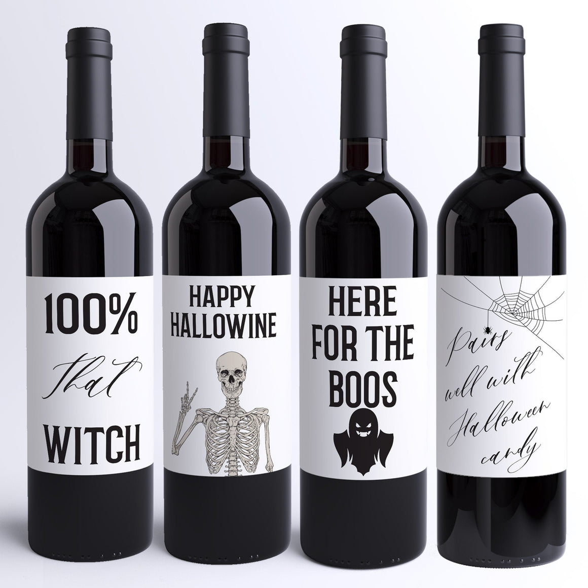 Four Funny Halloween Wine Labels - 4 Stickers Funny Halloween Party Decor Here For Boos That Witch Hallowine Pairs Well With Candy 9280