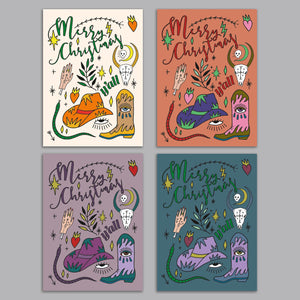 24 Witchy Western Merry Christmas Y'all Cards in 4 Boho Designs + Envelopes