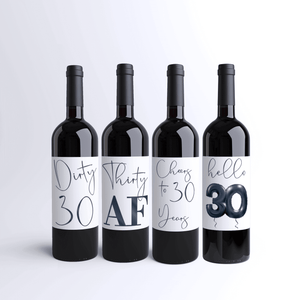 Dirty 30 Birthday Black Balloon Wine Labels - 4 Pack