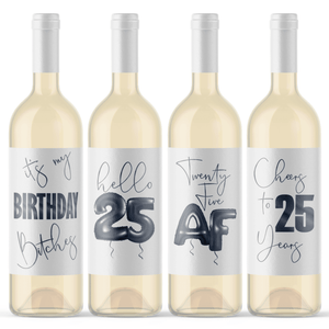 25th Birthday Black Balloon Wine Labels - 4 Pack