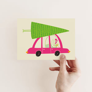 24 Vintage Cars with Christmas Trees Holiday Cards in 4 Colorful Retro Designs + Envelopes
