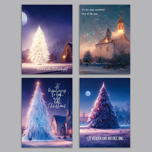 24 Snowy Church Scene Christmas Cards in 4 Glowing Traditional Designs with Envelopes