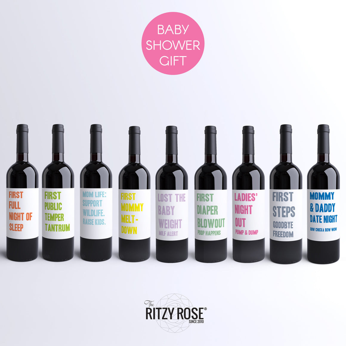 9 Mommy Milestone Wine Bottle Labels Baby Shower Gift Motherhood Milestones Firsts Diaper Meltdown Tantrum Funny Push Present Basket 9222