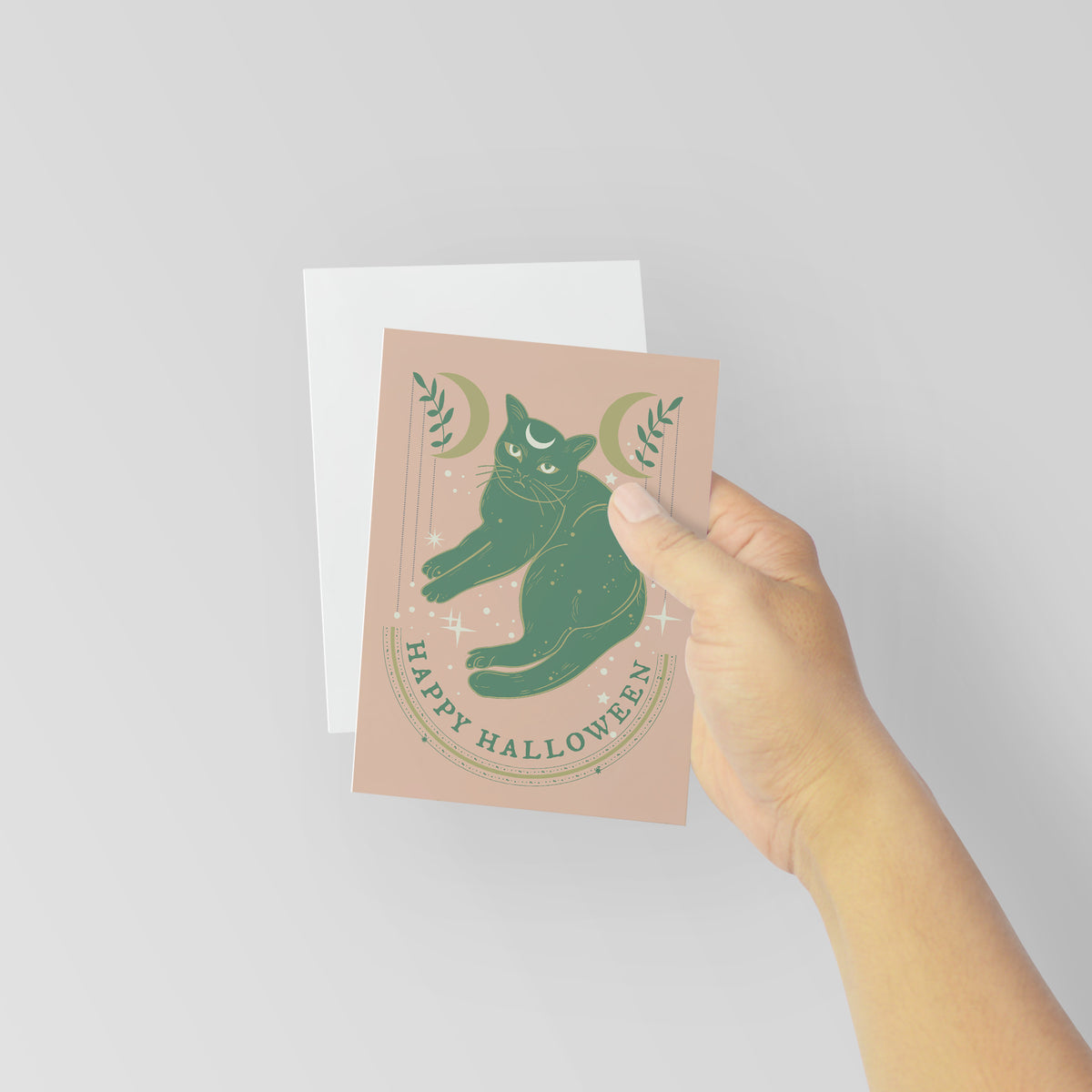 Count Halloween card set with muted peach background and outlined green cat centered on each card.