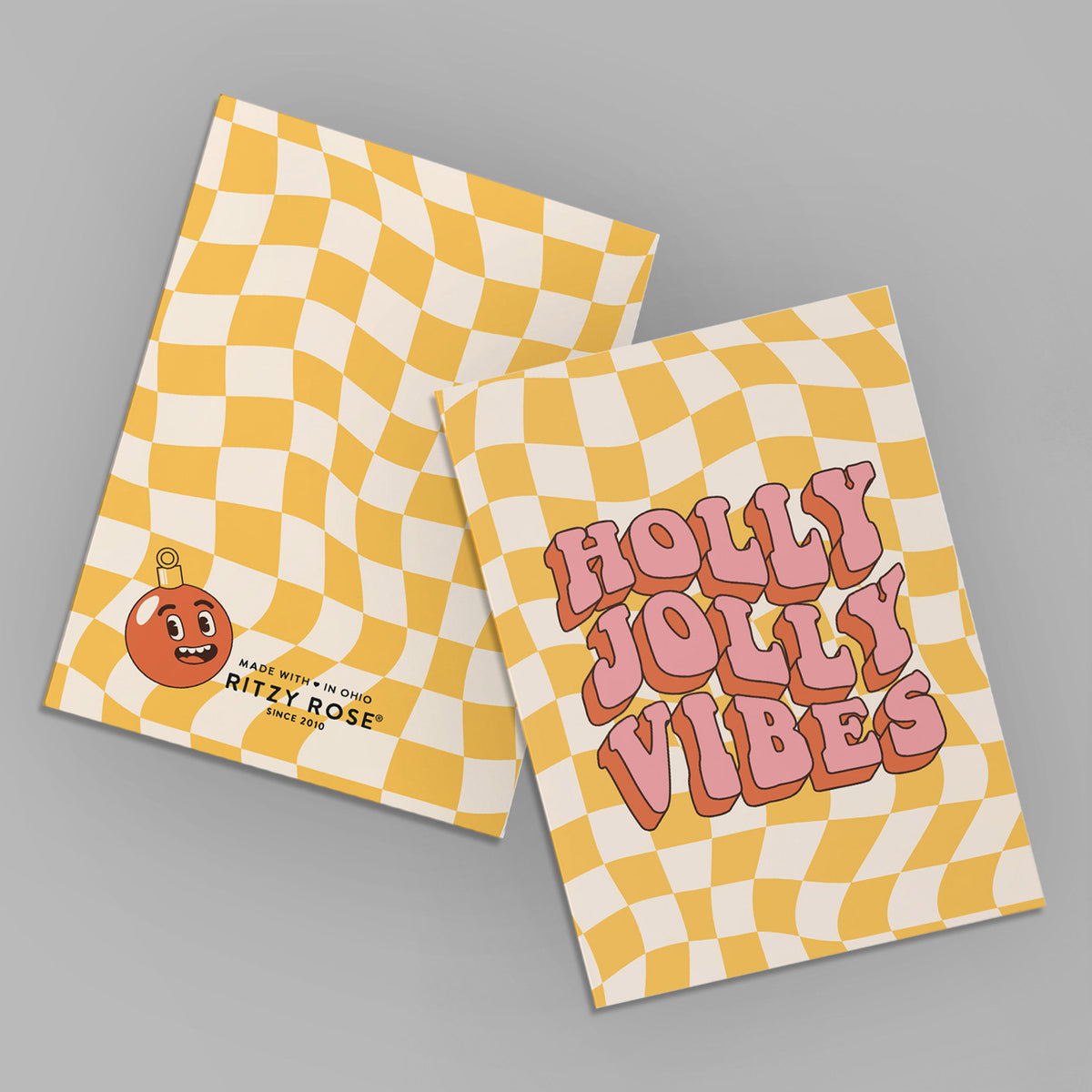 Set of 24 Christmas cards featuring checkered, grid, and solid backgrounds with centered groovy-style illustrations.