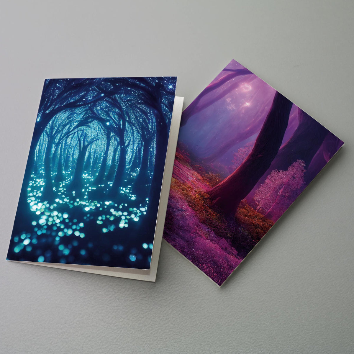 Six full-bleed forest card designs, 24 cards total, with color palettes ranging from cyan to deep purple.