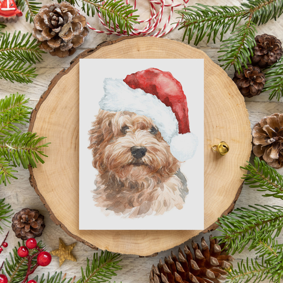Identical cards, centered watercolor painting of a labradoodle in a Santa hat, white background, no printed text.