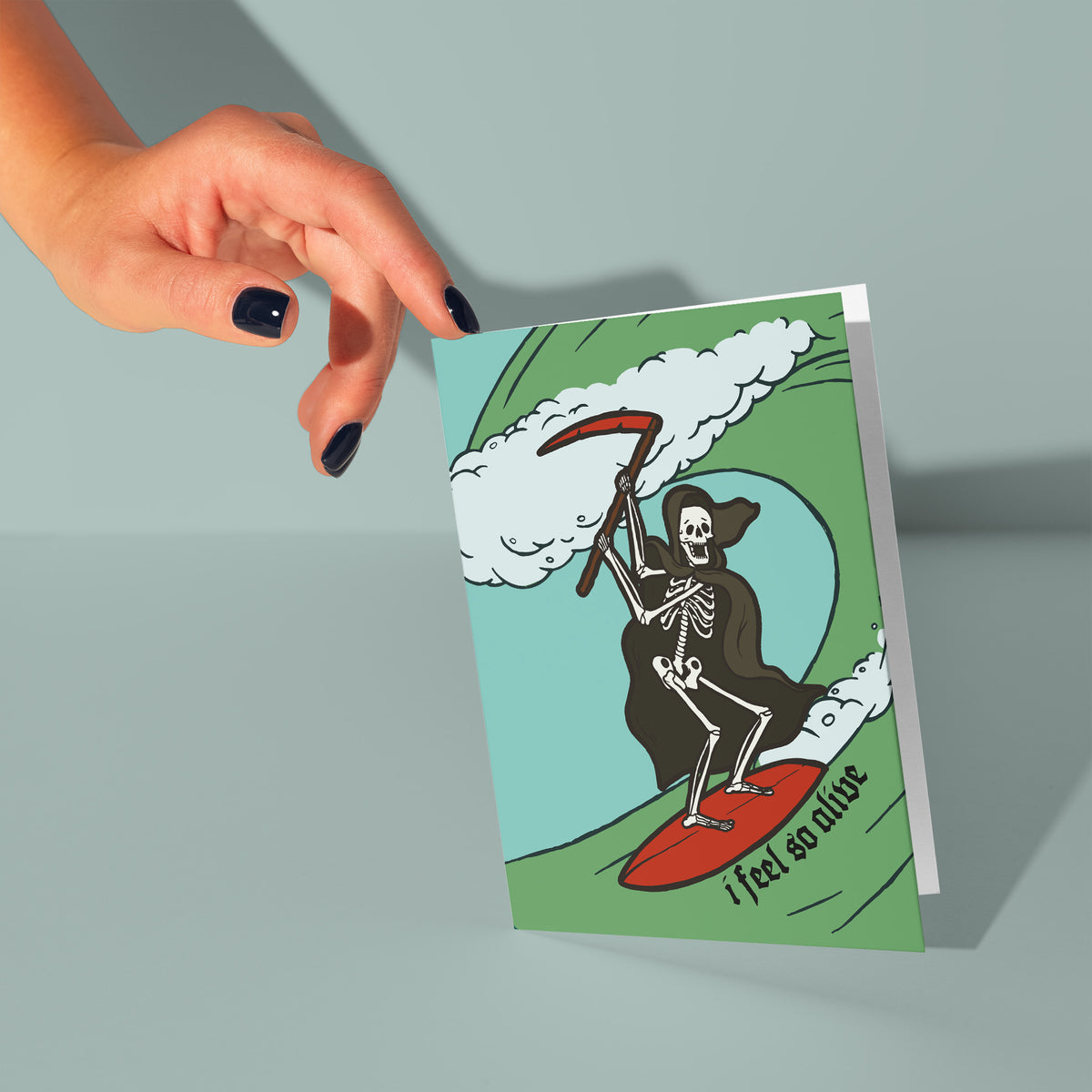 Set of 24 illustrated cards with a surfing grim reaper graphic and handwritten-style lowercase text.
