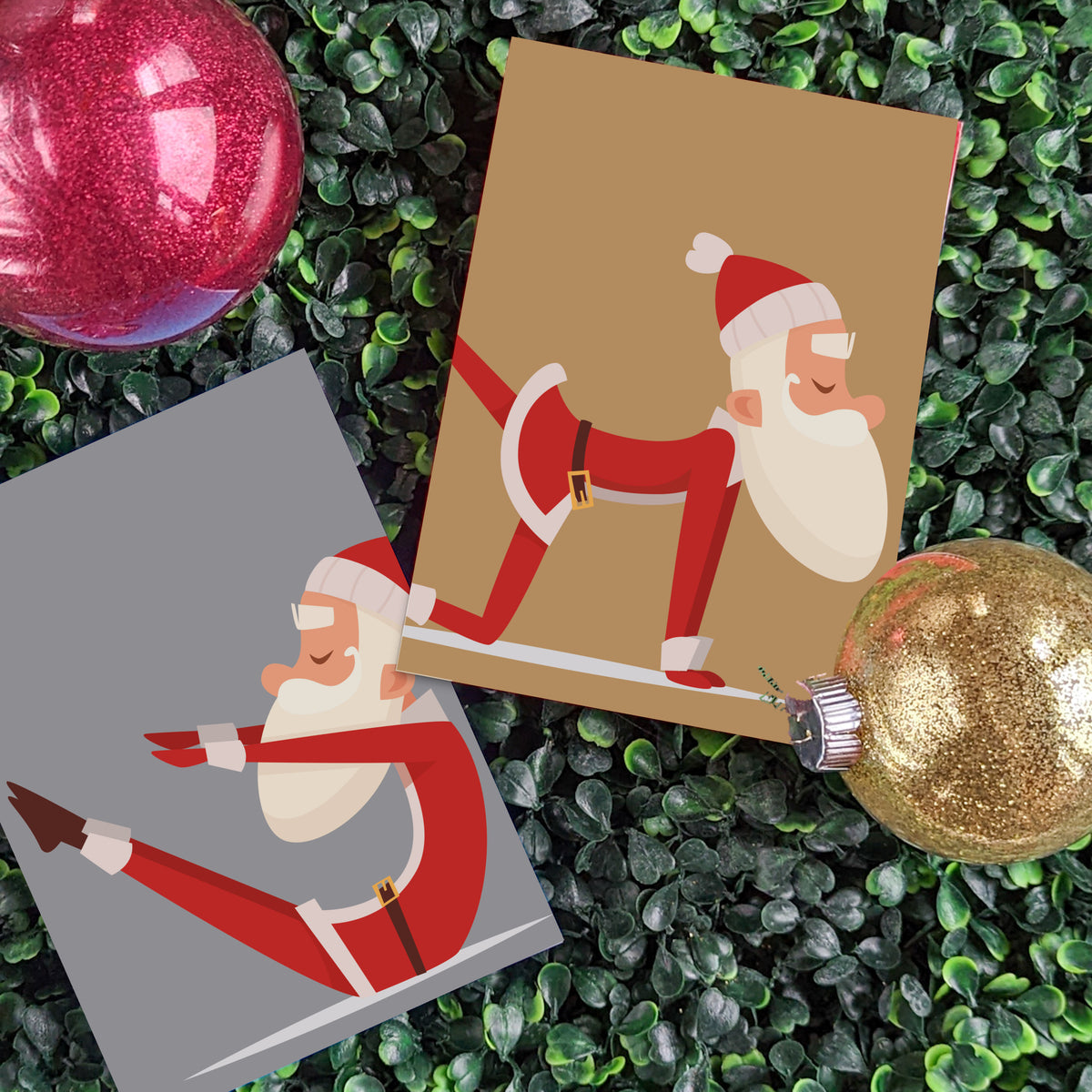 Set of 24 cards showing a consistent Santa illustration in red suit and black boots in various yoga positions.