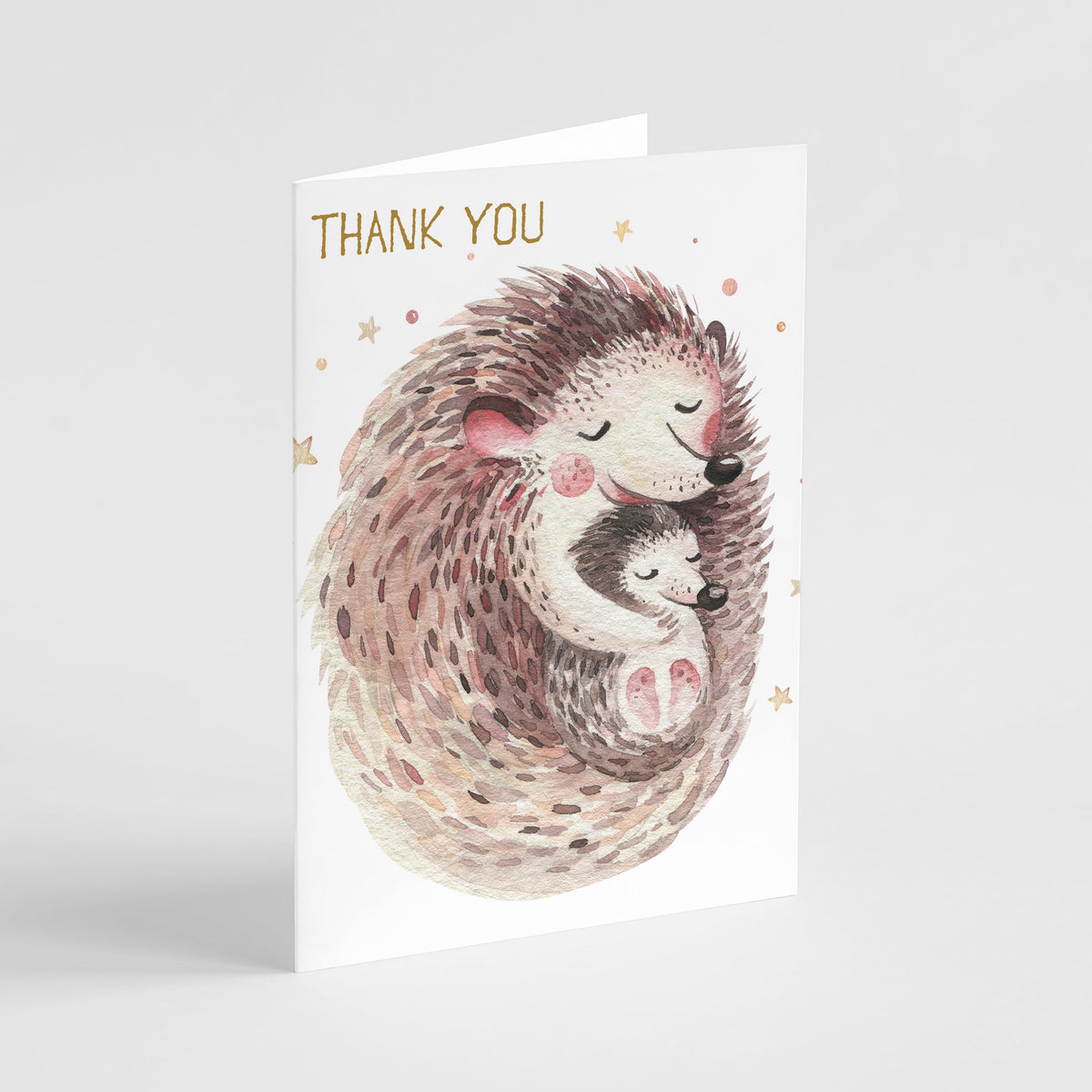 Gender-neutral thank you card set with whimsical animal parent-and-baby watercolor art and gold lettering.