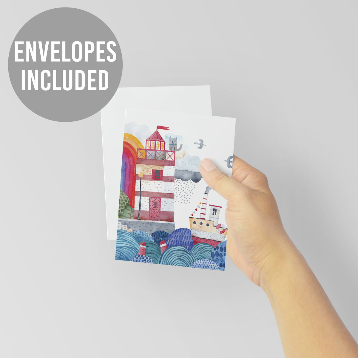 Box of 24 cards illustrating a harbor scene in red, teal, purple, gray, and rainbow spectrum tones.