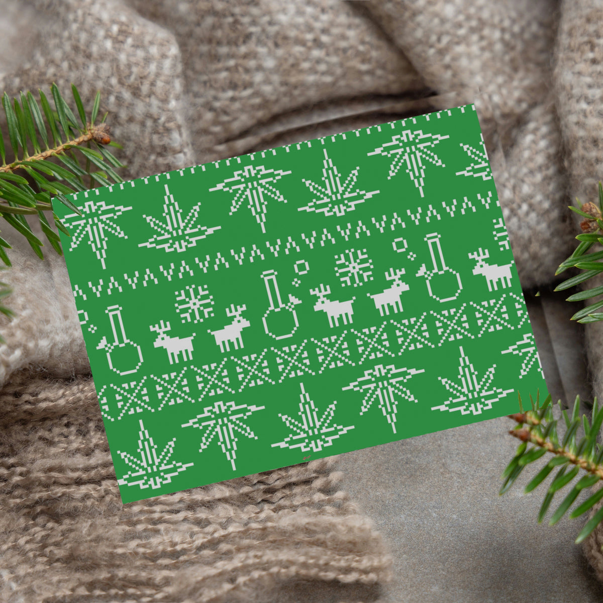 Cannabis Christmas card set including skeleton Santa, potted plant, and knit sweater pattern designs.