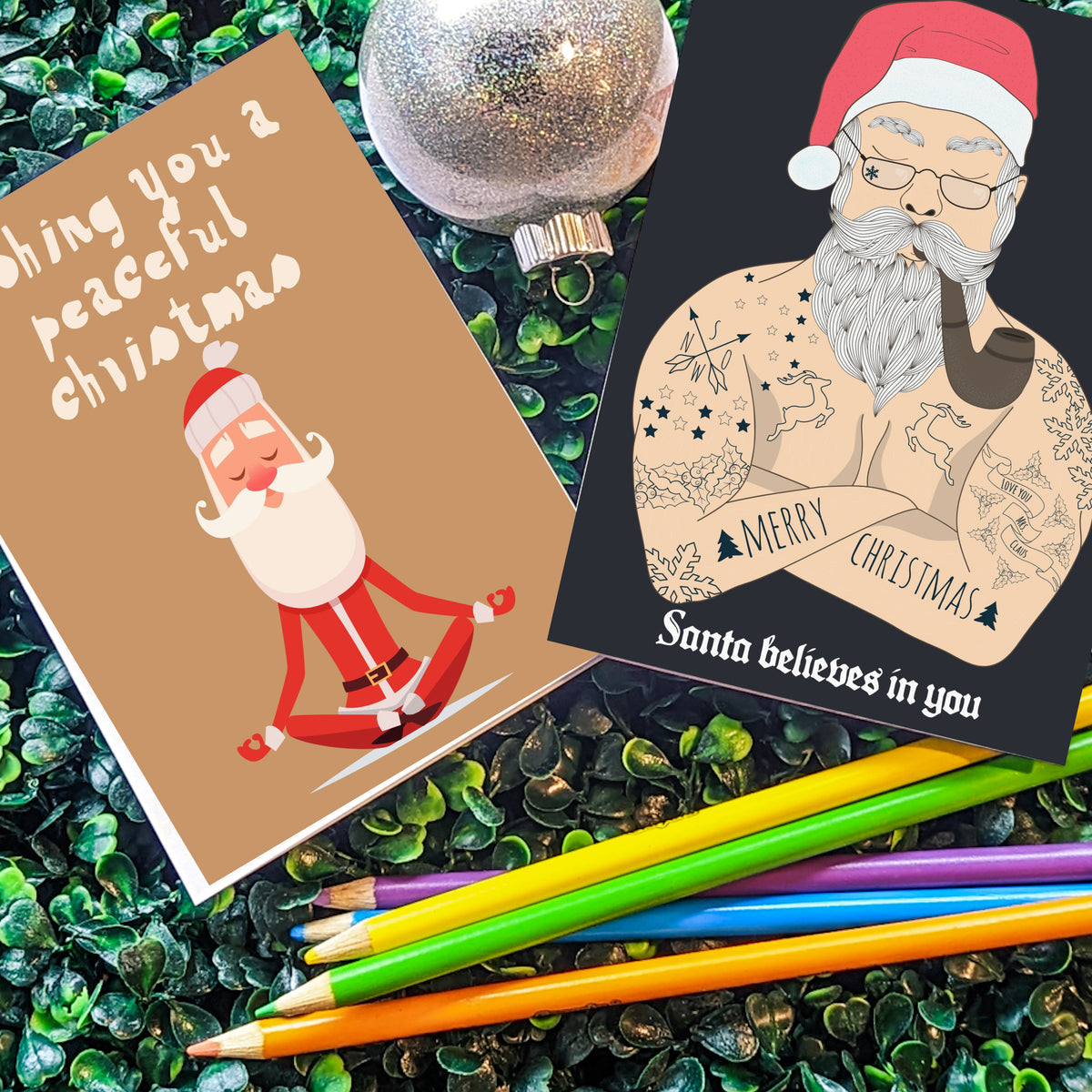 Set of 24 funny Christmas cards with portrait-format, full-bleed designs in bold seasonal colors.