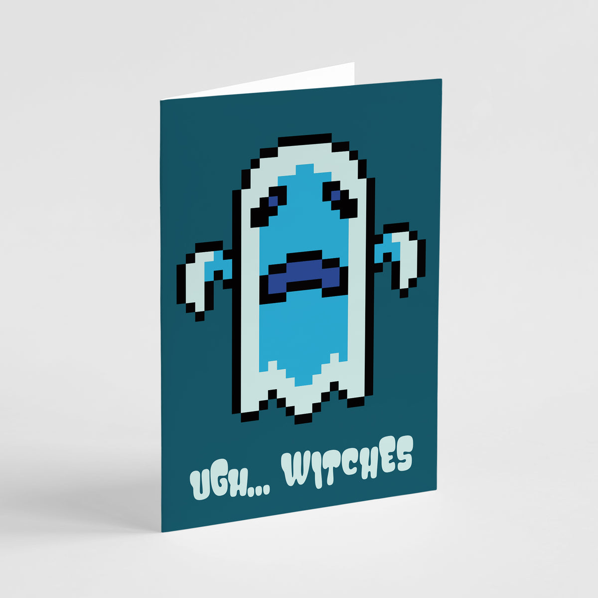 Halloween notecards with pixel art monsters, each paired with a short phrase in a different blocky pixel font.