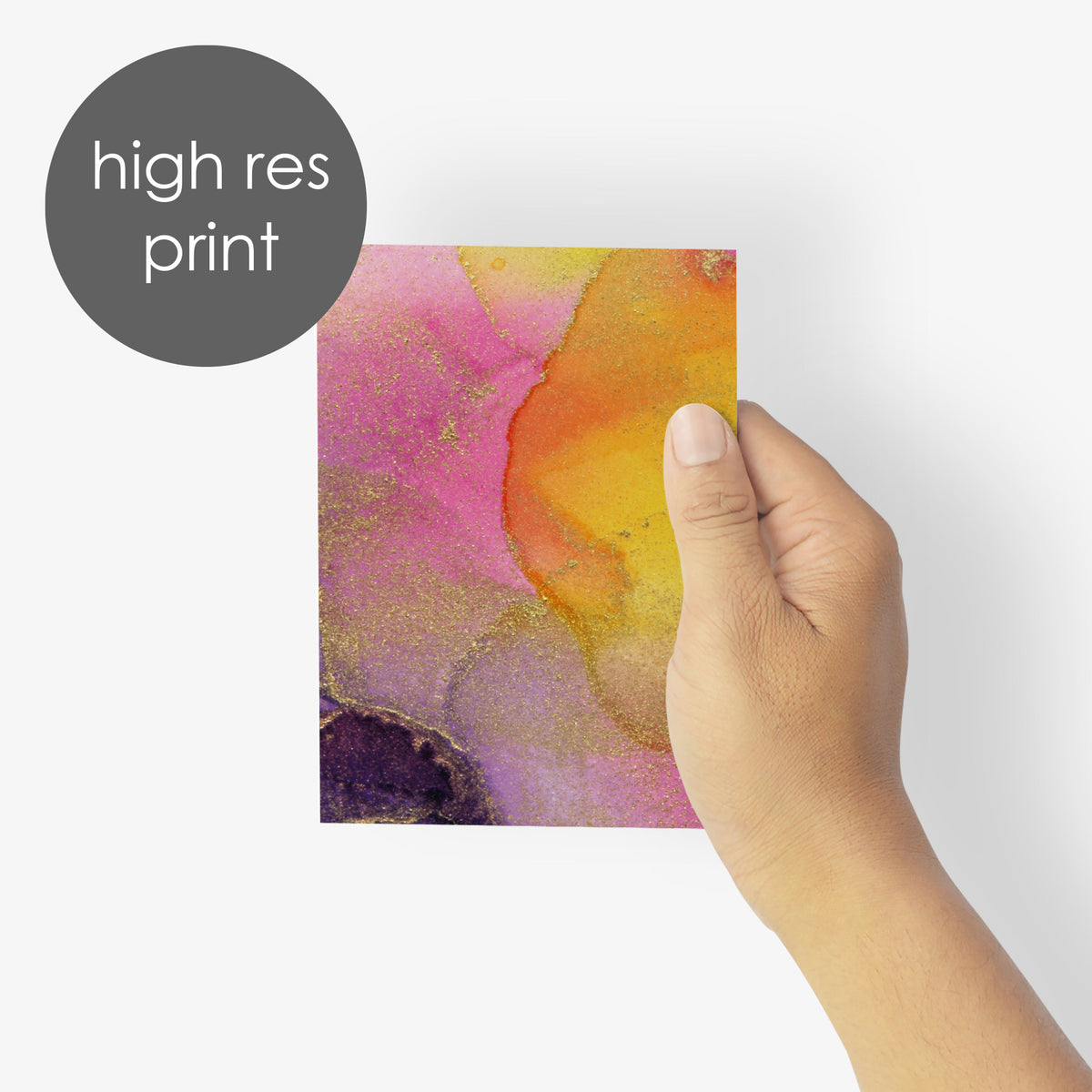 Marbled abstract notecard set with 24 cards in vibrant pink, orange, purple, and gold patterns.