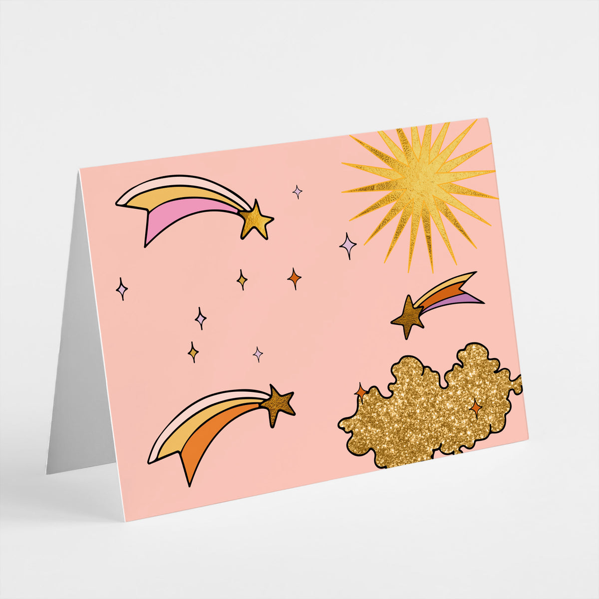 Celestial-themed blank cards with varied layouts of gold-colored stars and rainbow designs.