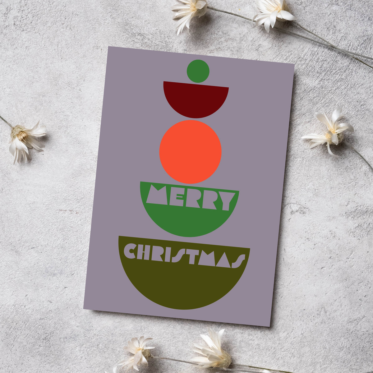 Christmas and holiday cards in six designs using a palette of orchid purple, camel tan, bright green, maroon, and orange-red.