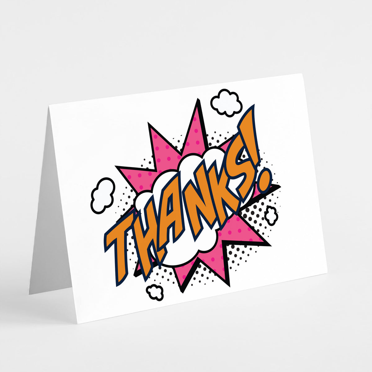 Thank you cards featuring halftone dot fills, radiating burst lines, and five-pointed star accents in yellow and hot pink.