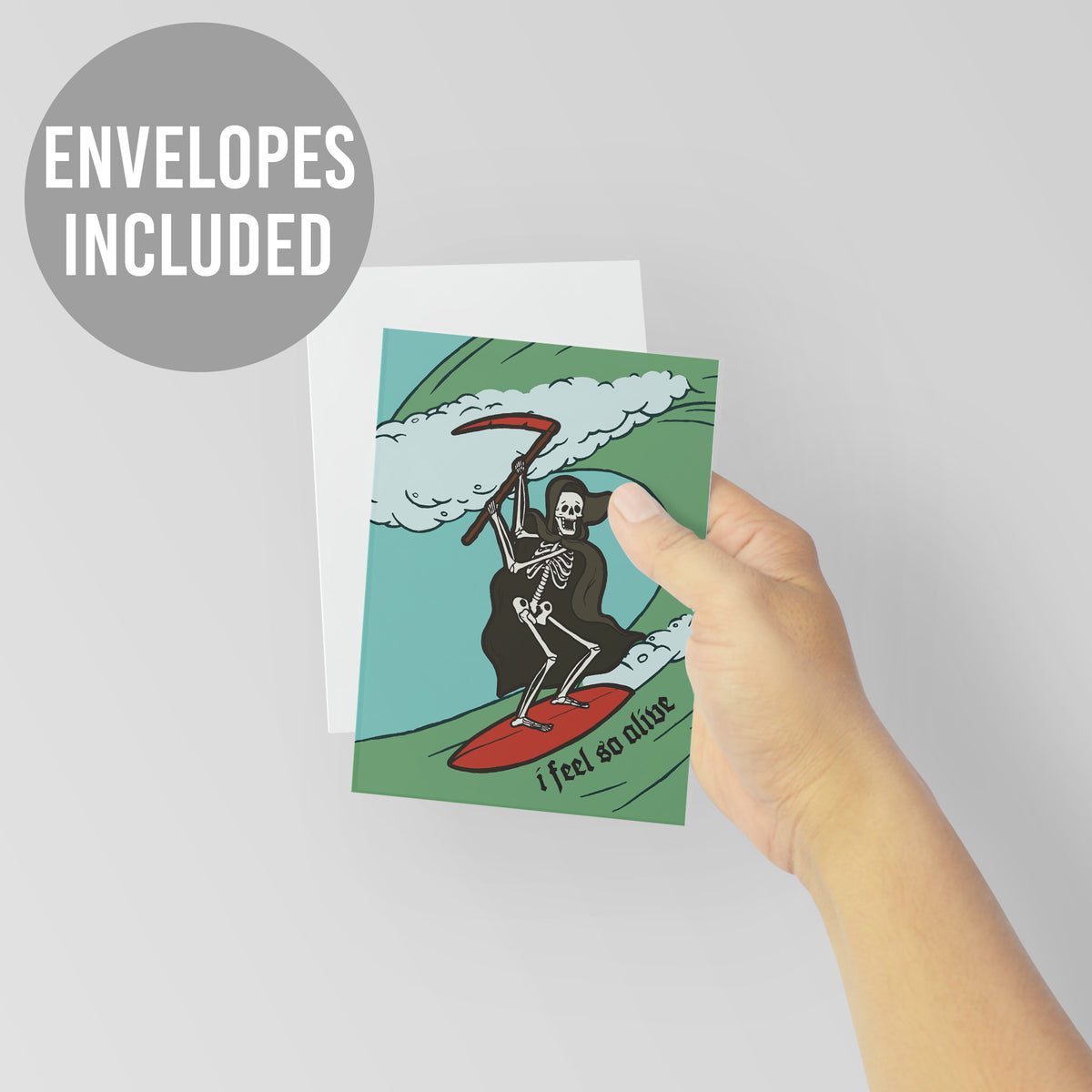Funny skeleton surfing cards, set of 24, with "i feel so alive" phrase and dynamic wave illustration.