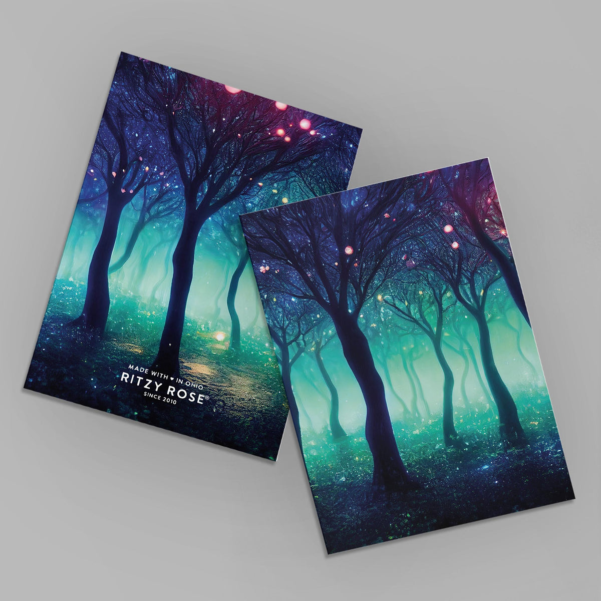 Fantasy forest card set, designs include magenta undergrowth, teal canopy corridors, and amber focal glows.
