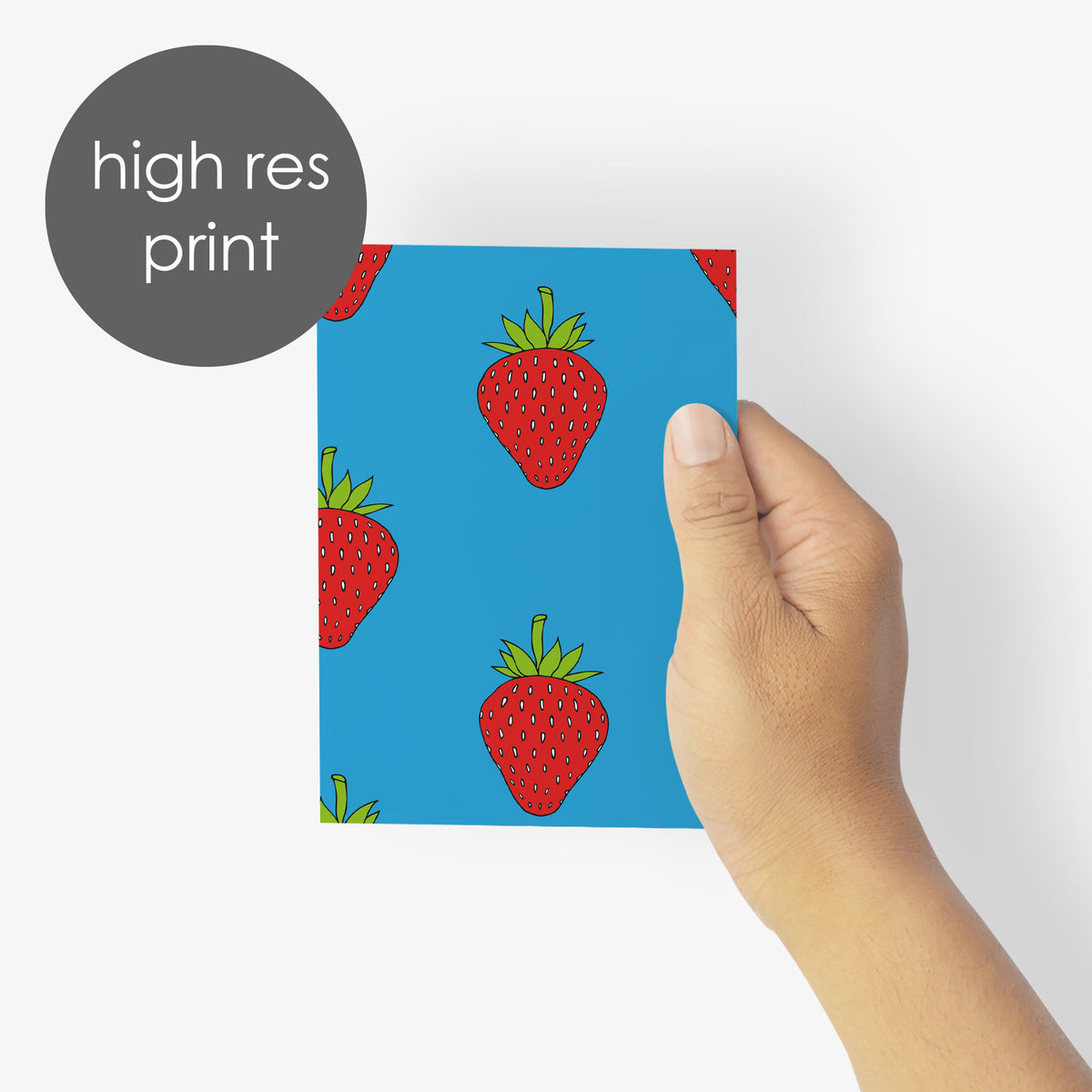 Illustrated fruit notecard set of 24 with repeating strawberry design on solid grounds.