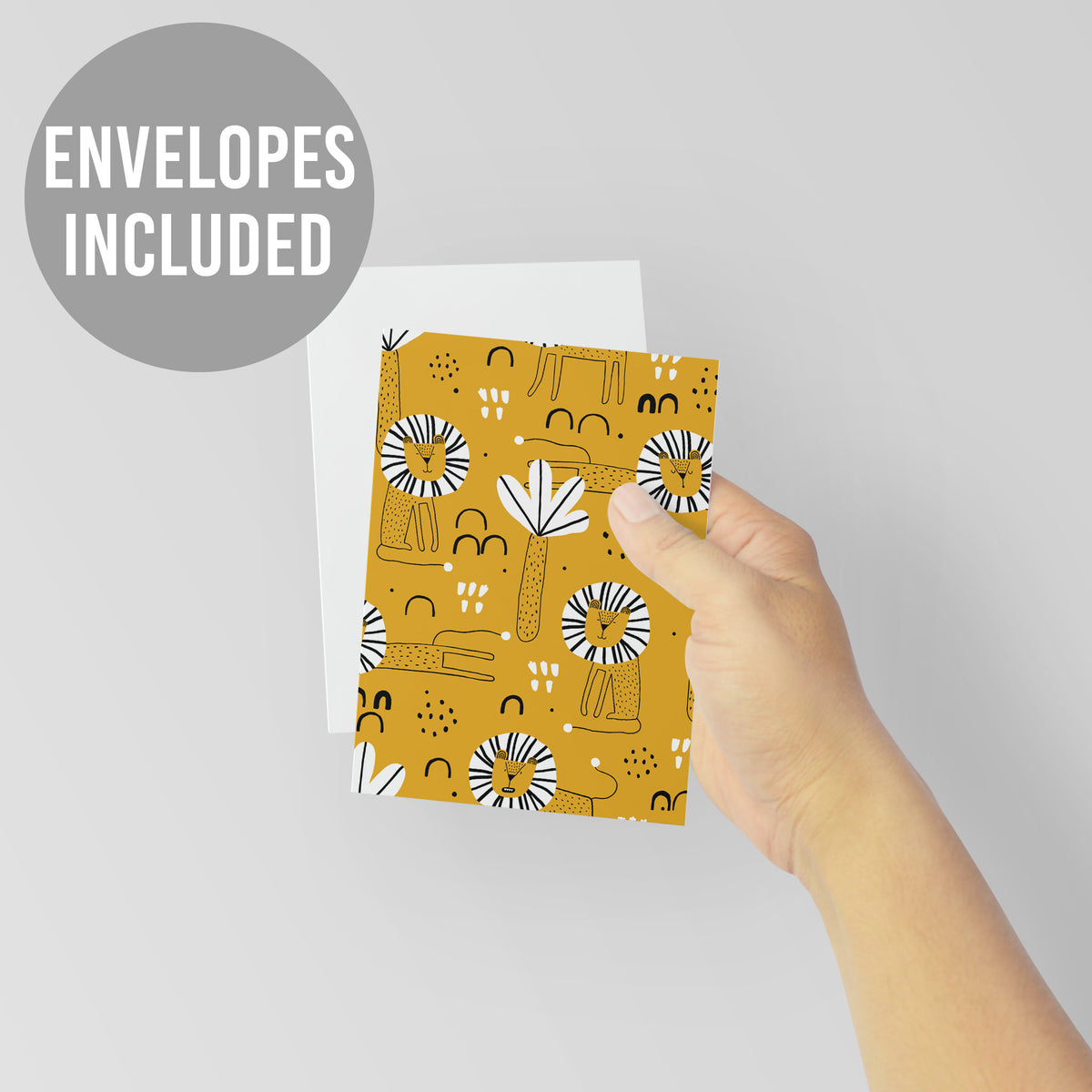 24-count card set with a line-drawn lion allover print; pattern extends to all four edges with no border.