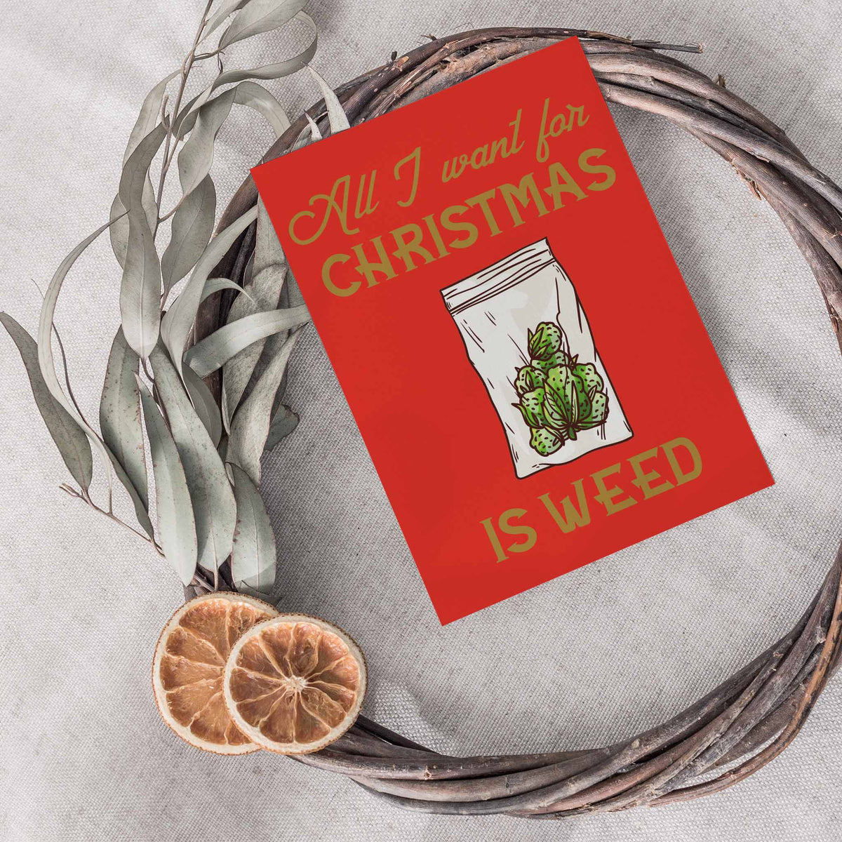 Cannabis holiday card assortment with envelopes; packaged as 24 cards, 2 of each design.