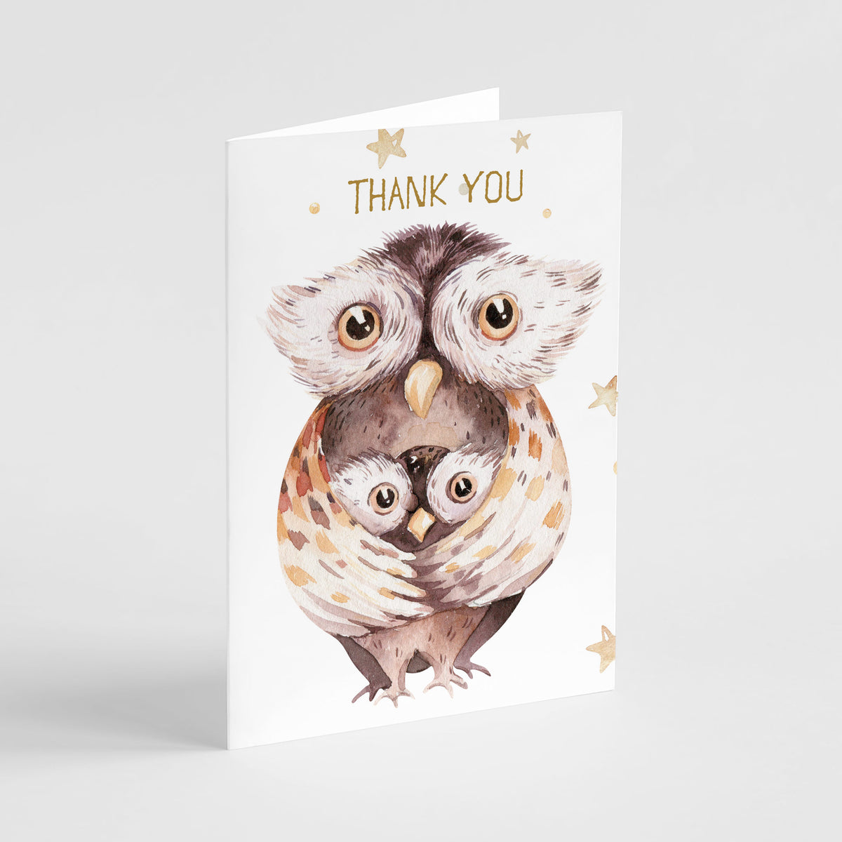 Thank you cards in four rotating designs with illustrated animal pairs and minimal gold accents.