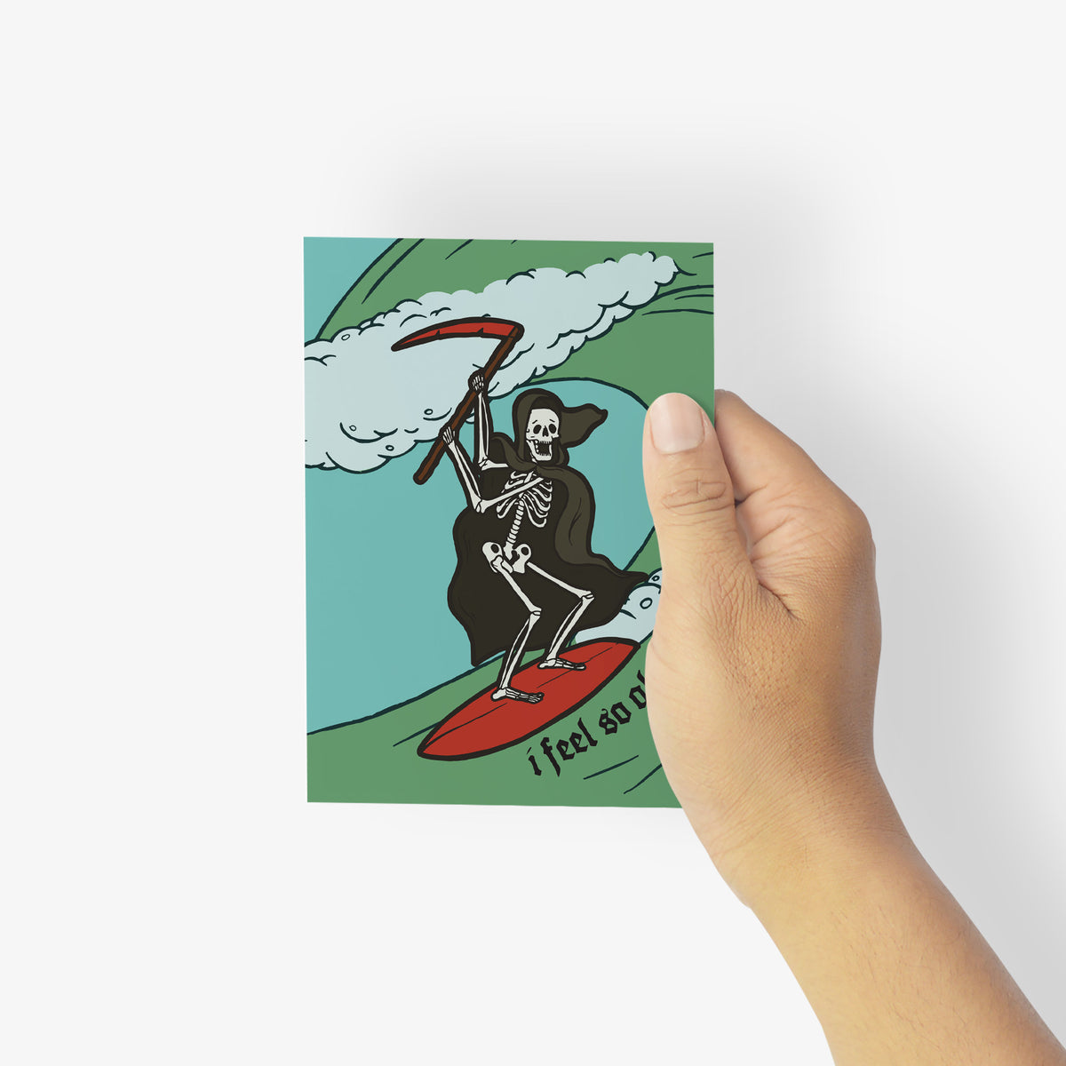 Card set with a playful outlined skeleton in a black cloak riding a red board on a green wave.