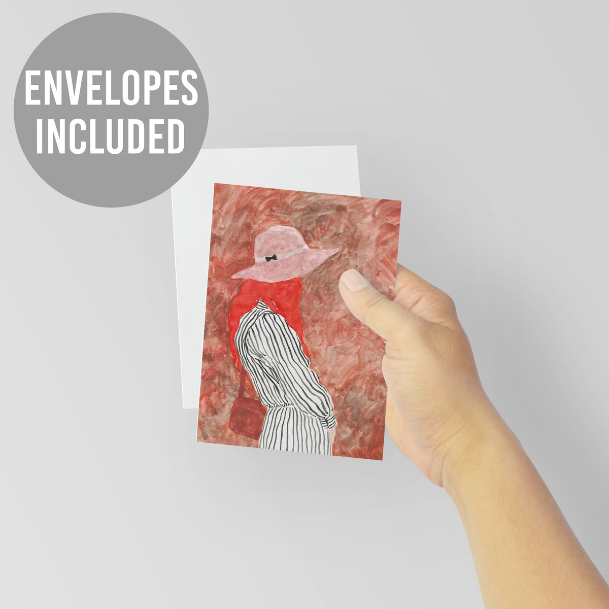 Illustrative notecard set with 24 cards across four abstract and fashion-figure designs in full-bleed vibrant color.