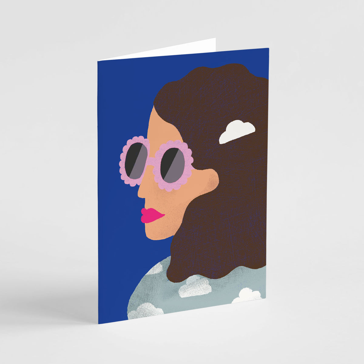 Four-design card set featuring women in decorative sunglasses against coral, fuchsia, blue, and green backgrounds.