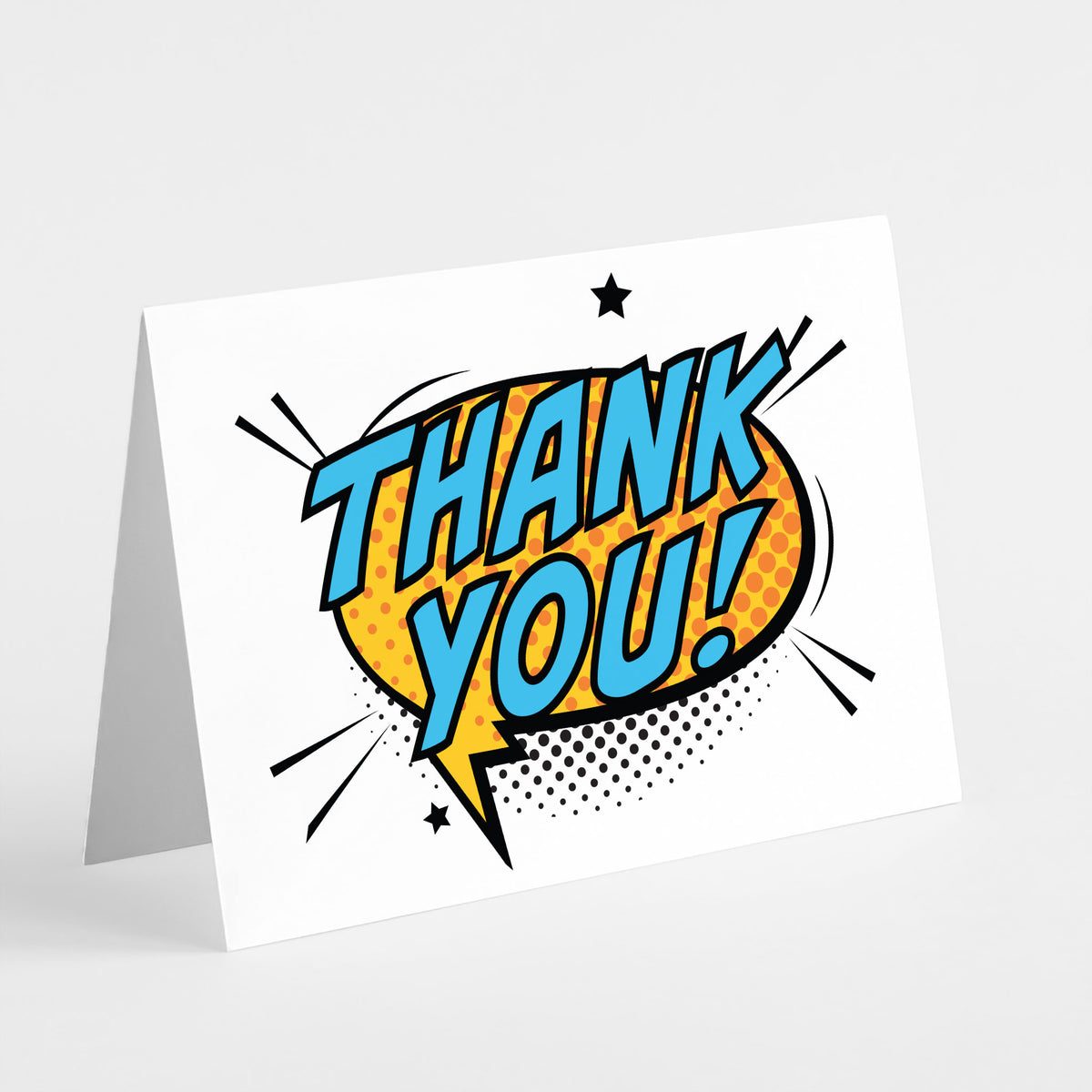 Boxed set of comic-style cards with speech bubble and starburst shapes, 6 cards per design across 4 designs.
