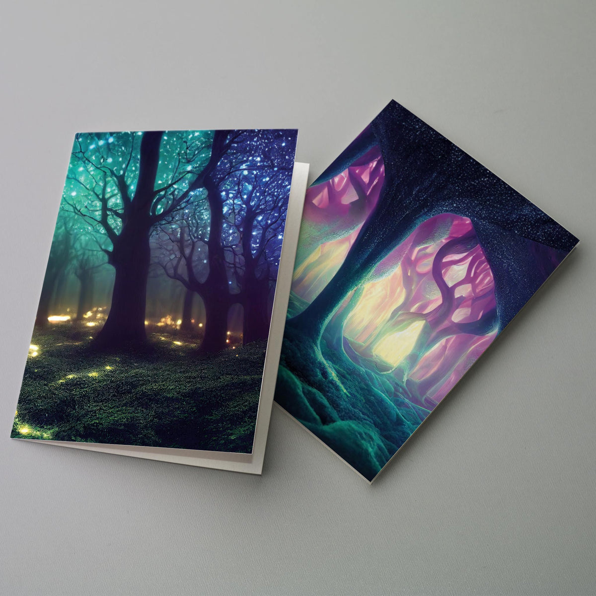Portrait-format card set, 24 cards, six forest illustrations with floating orbs and atmospheric haze backgrounds.