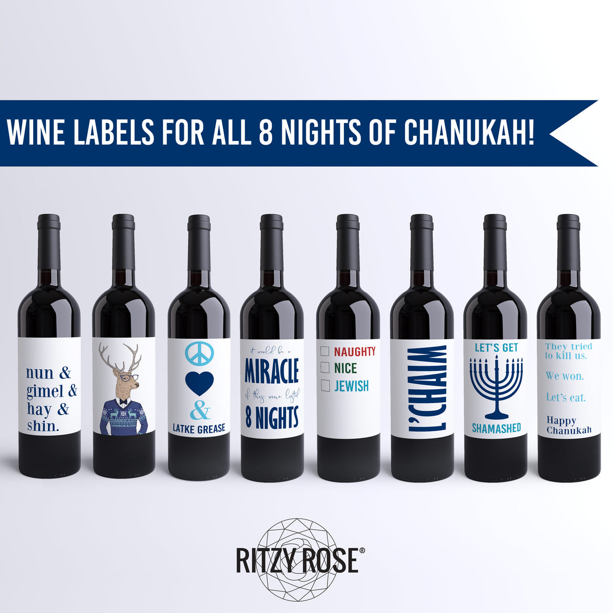 Funny Hanukkah Wine Labels, Pack of 8