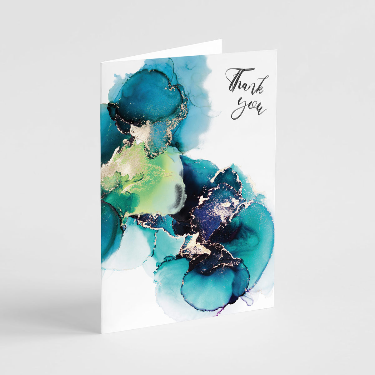 Abstract Thank You cards with alcohol-ink-style fluid patterns in teal, pink, orange, and purple colorways.