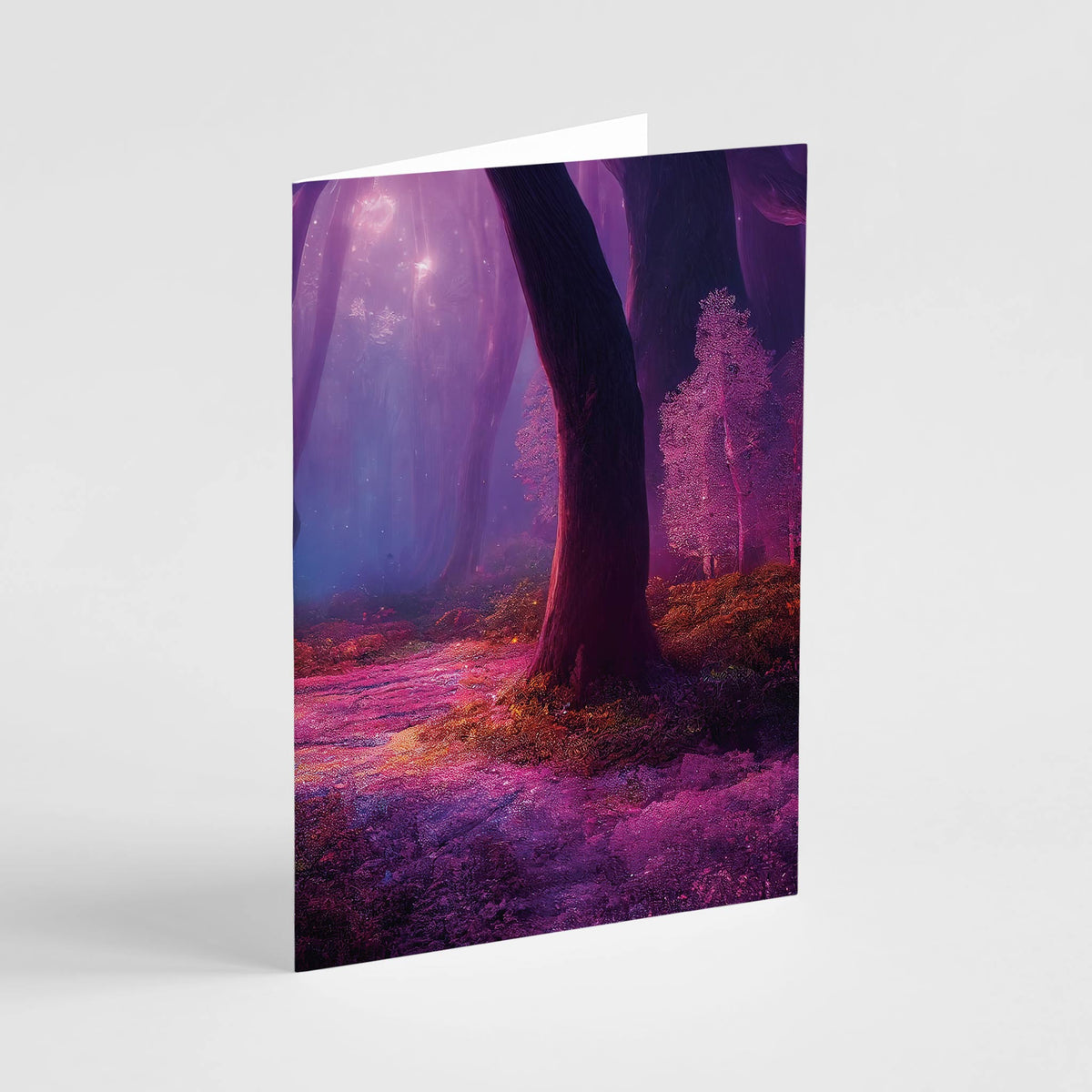 Fantasy card set with six dark forest scenes in deep navy, teal, iridescent pink, lavender, and burnt orange-red.