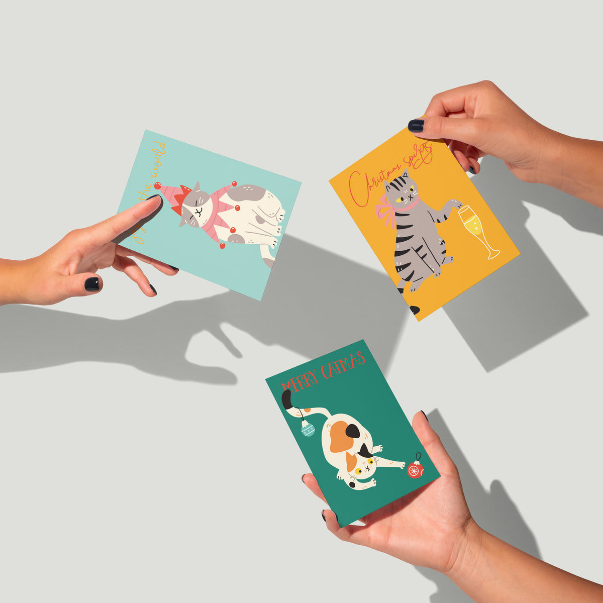 Boxed Christmas card assortment with 12 cat-themed illustrated designs in a warm seasonal color palette.