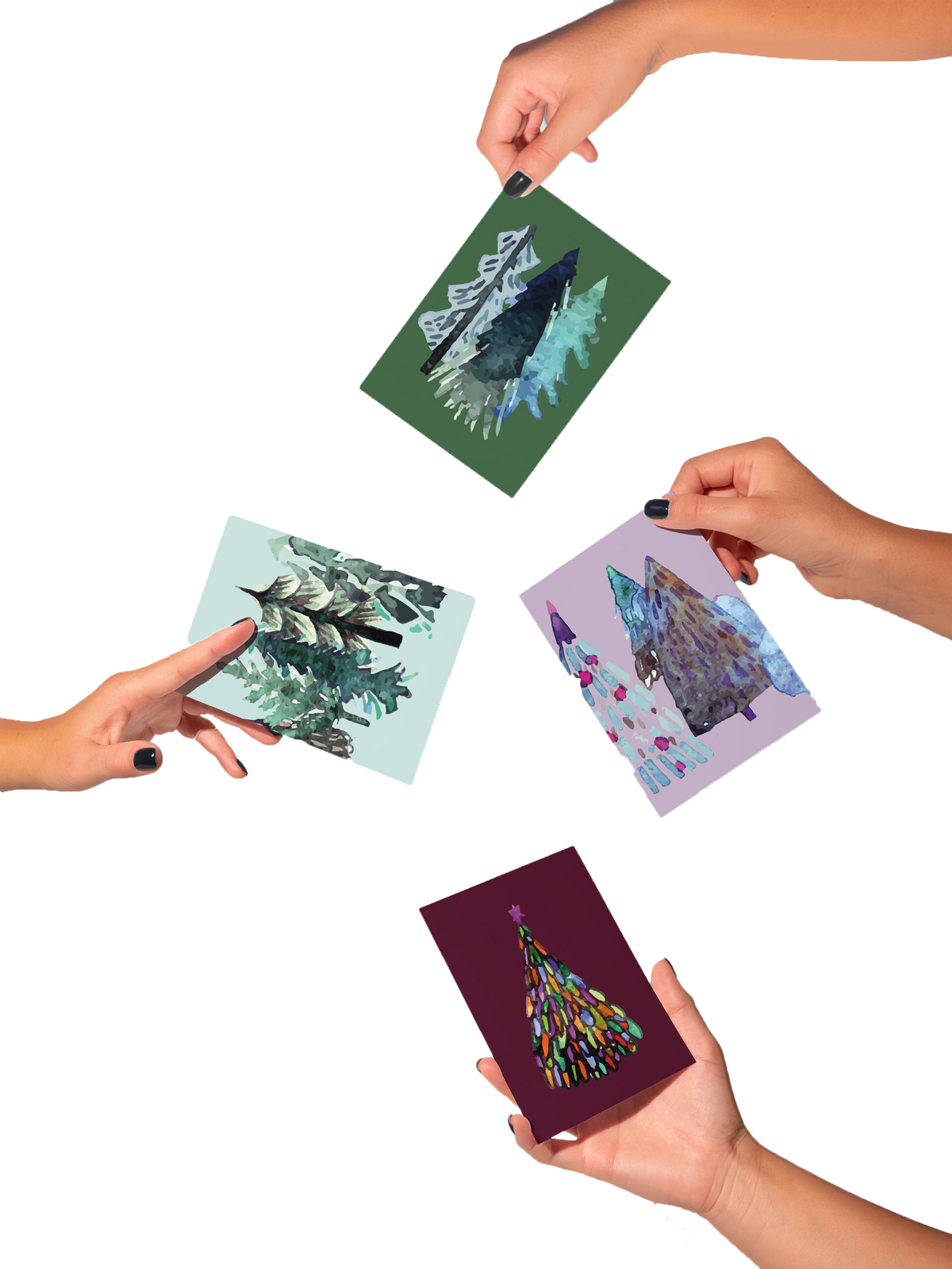 Pack of 24 cards showing abstract Christmas trees, some with small star or red dot accents at the top.