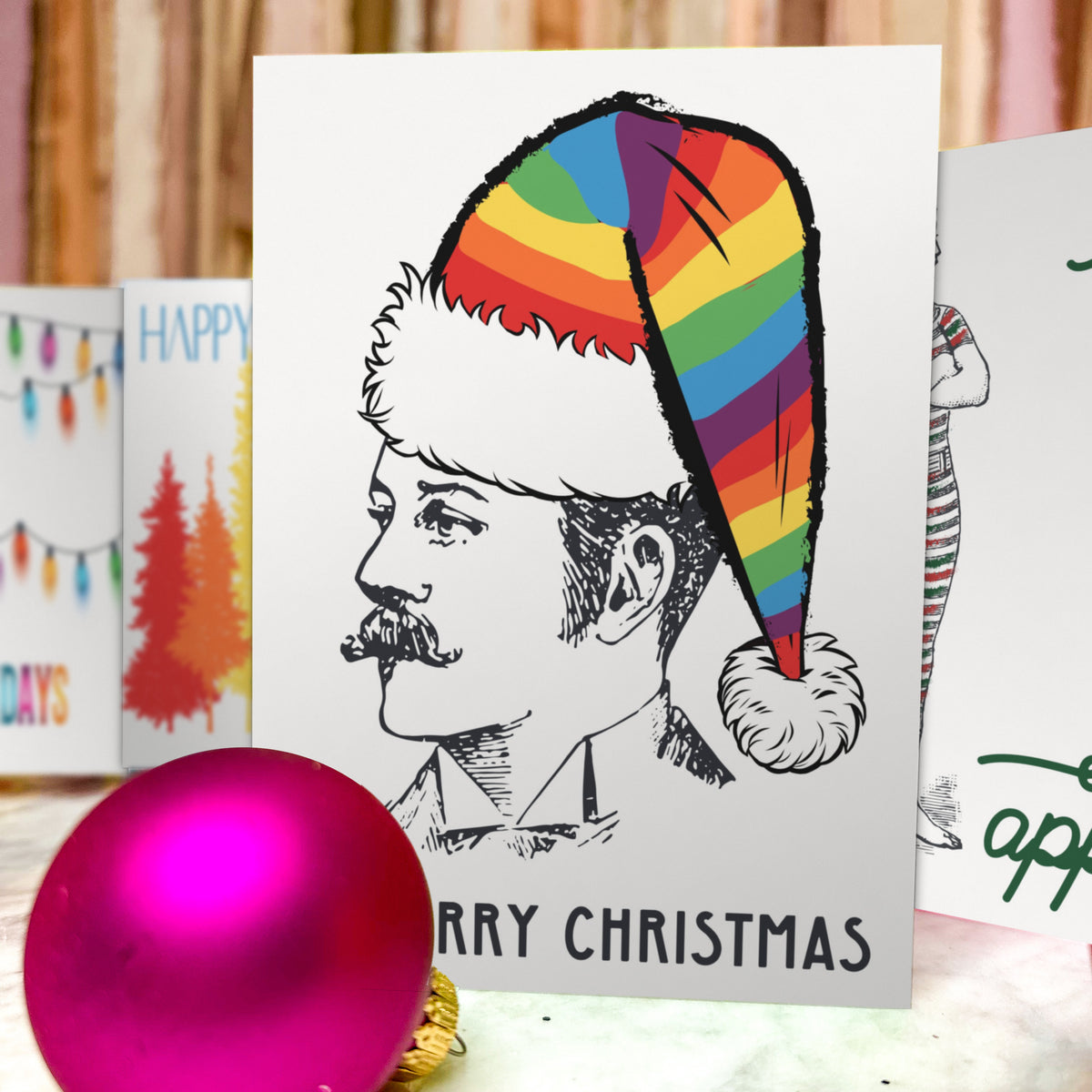 Three illustrated rainbow-colored pine trees in red, orange, and blue-purple with blue block text.