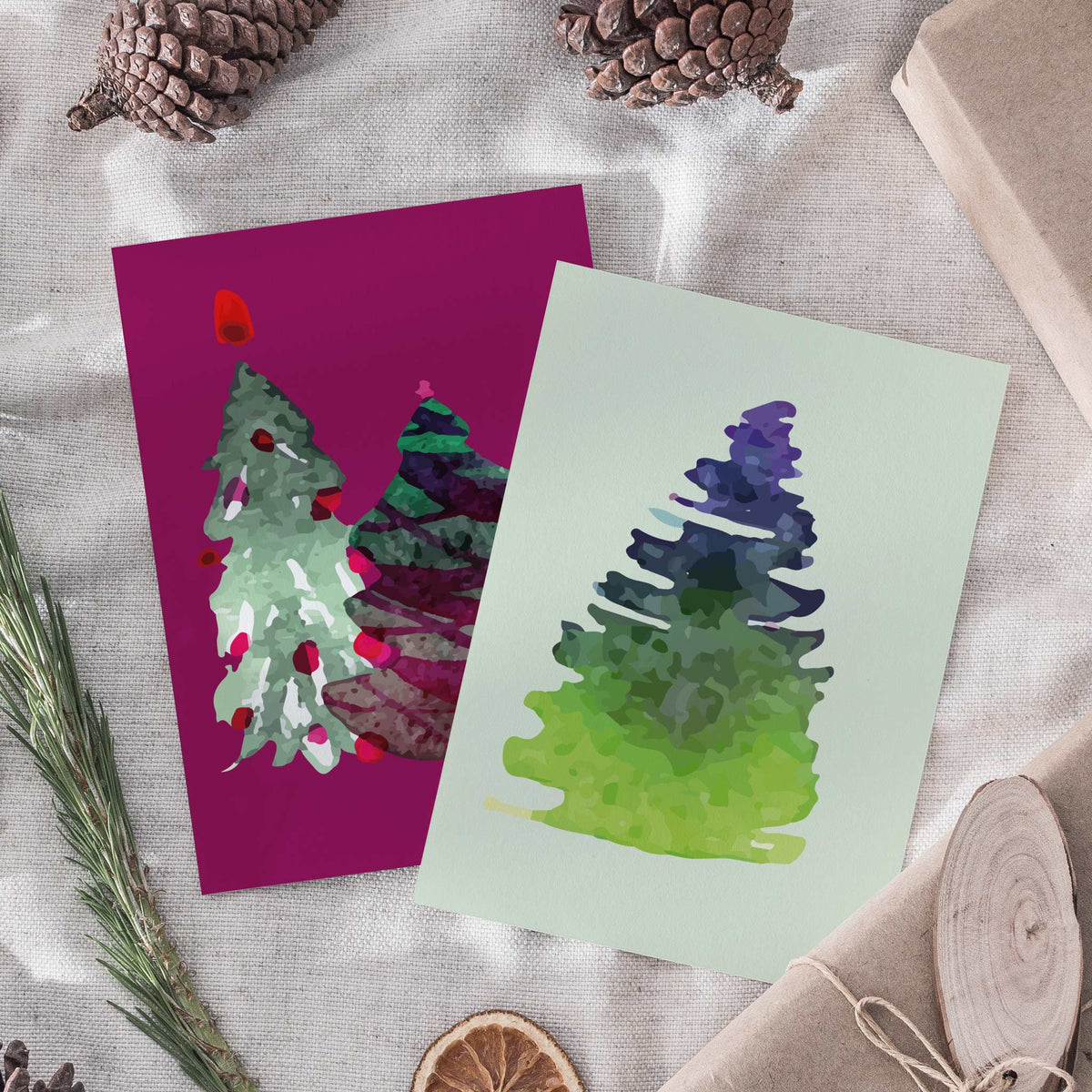Watercolor Christmas Tree Greeting Cards, Set of 24