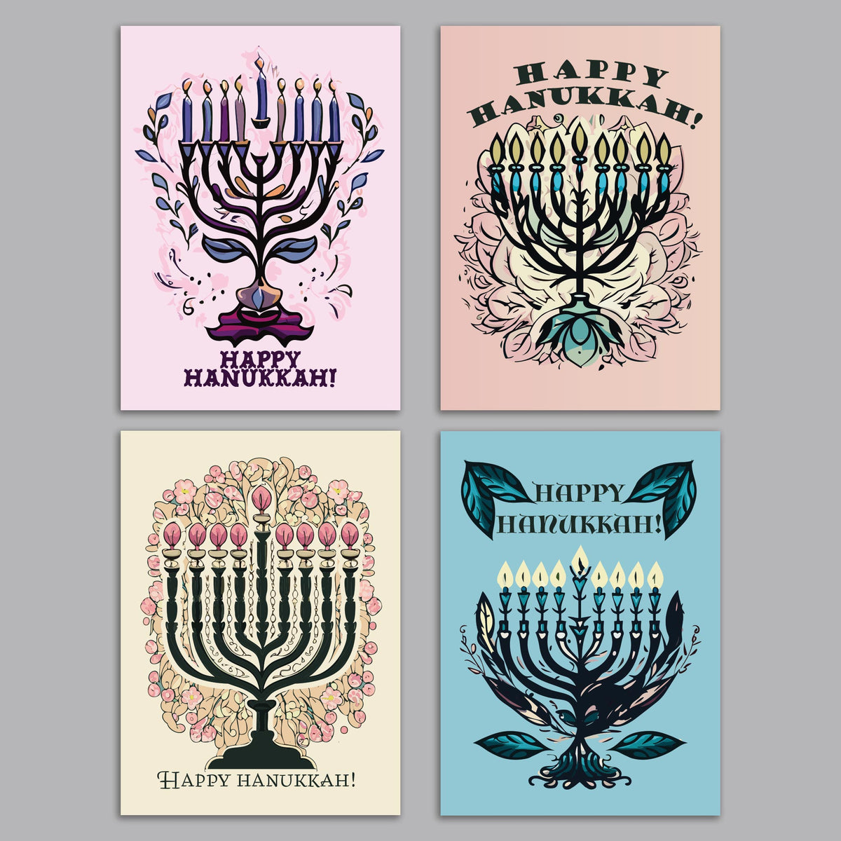 Pastel Floral Menorah Hanukkah Greeting Cards, Set of 24