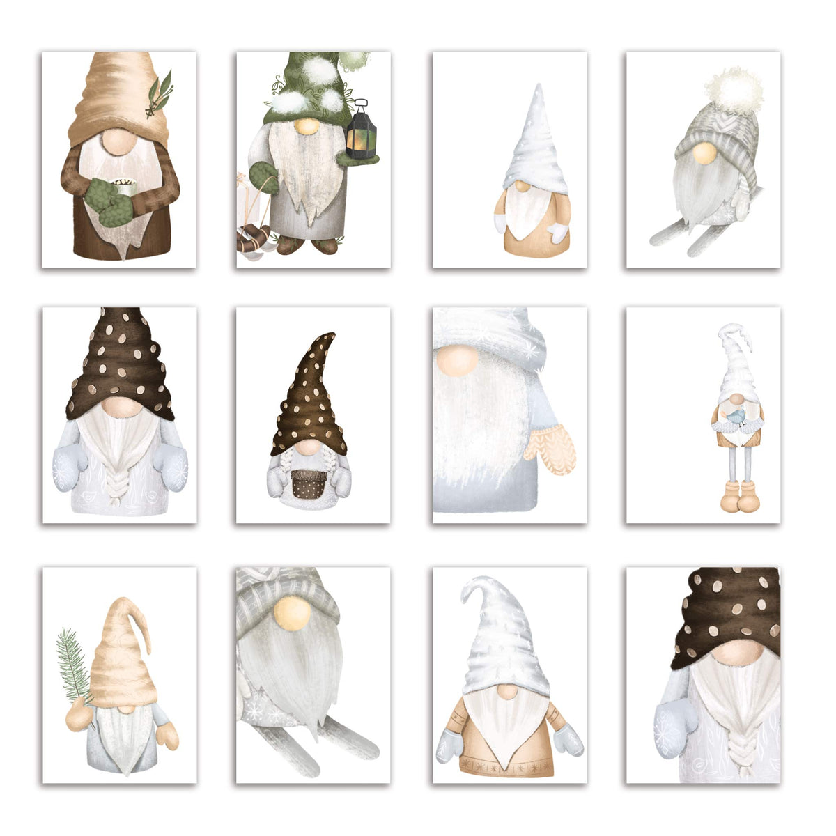Watercolor Gnome Card Set, 24 cards with 12 gnome illustrations, 2 of each design.