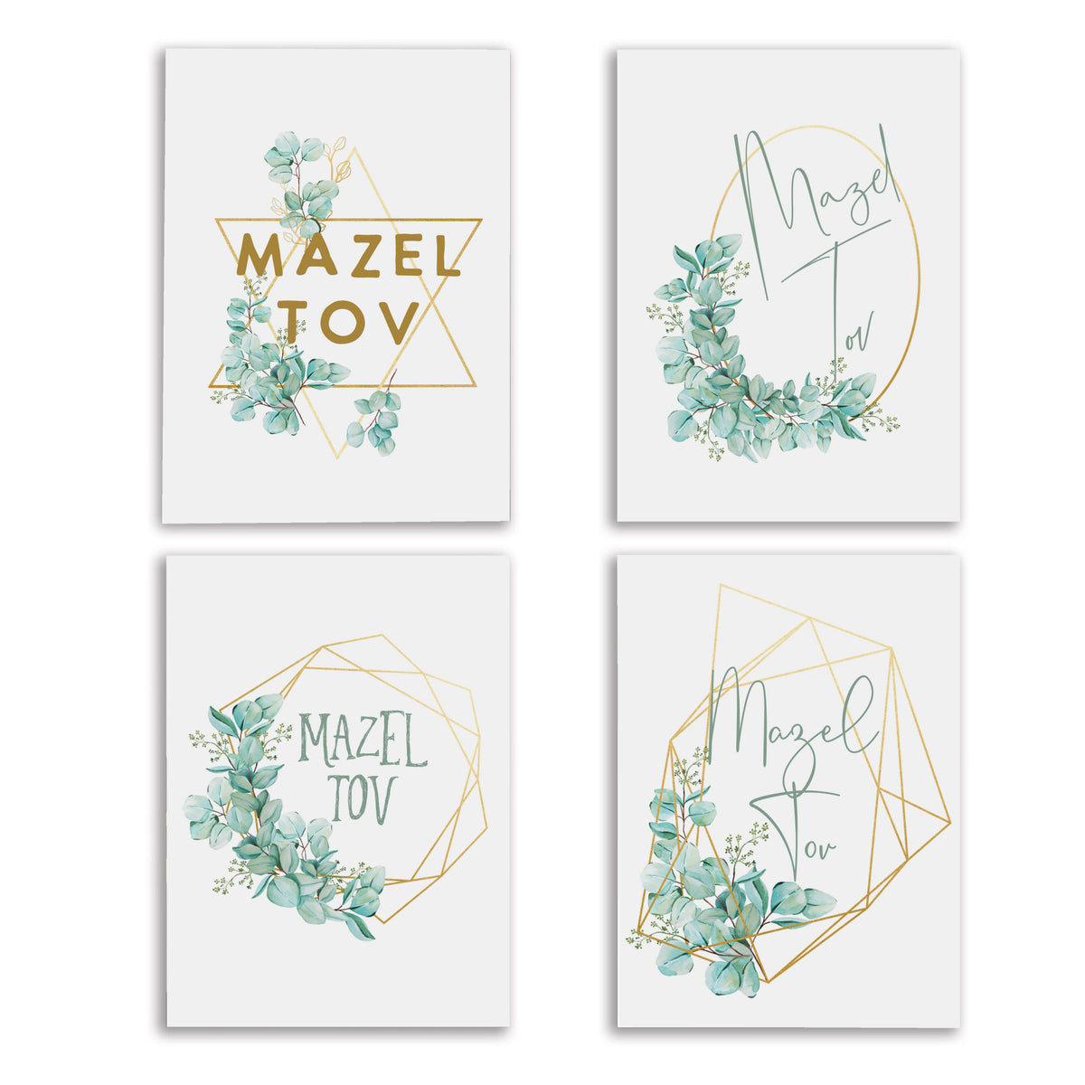 Mazel Tov card set of 24 cards with gold-colored geometric frames and blue-green botanical illustrations.