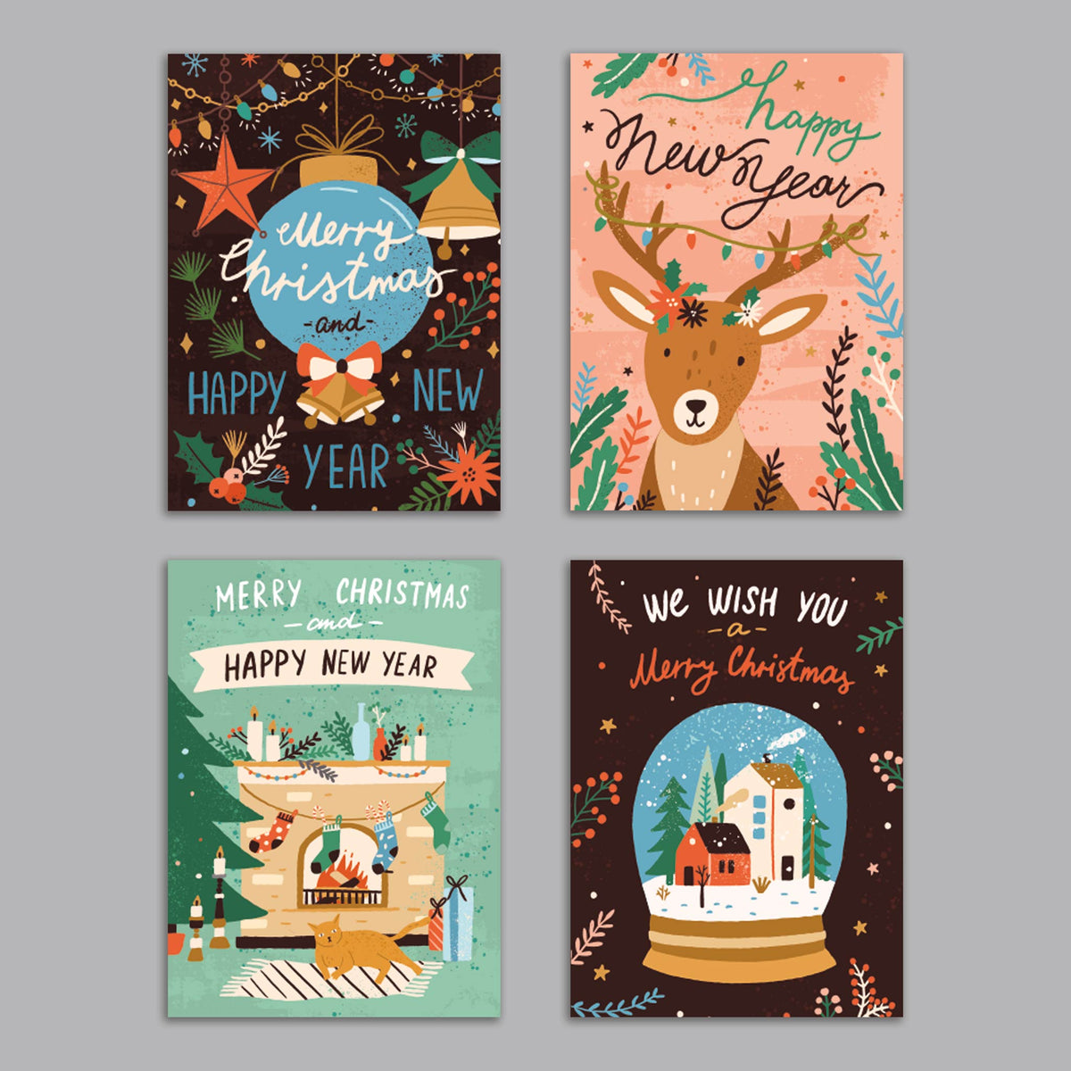 Retro Boho Merry Christmas Greeting Cards, Set of 24
