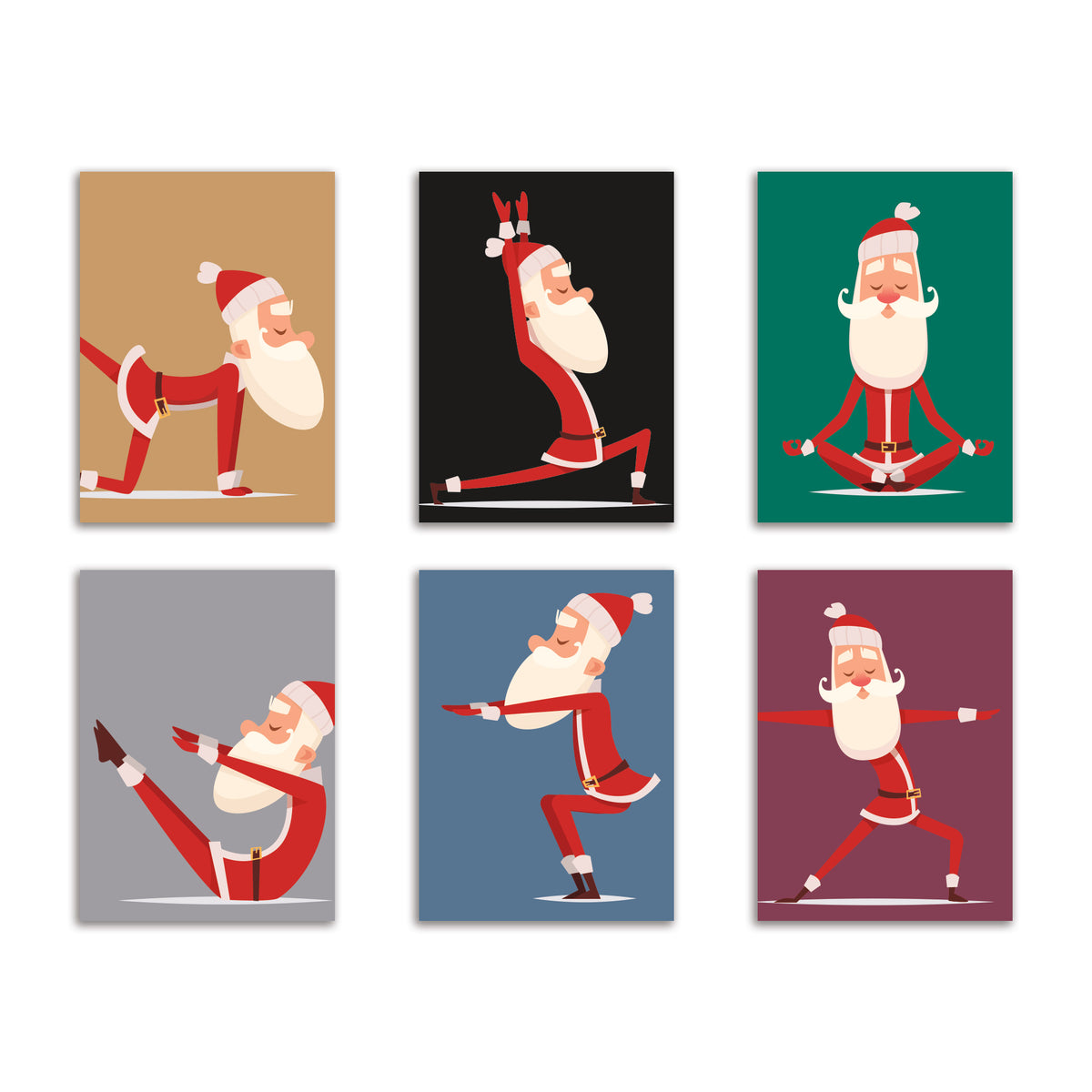 Yoga Santa Christmas cards set of 24 with 6 illustrated designs, 4 cards each, no text on cards.