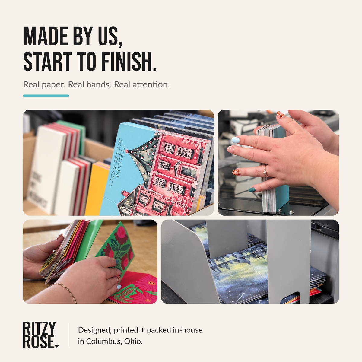 Ritzy Rose greeting cards being printed, trimmed and sorted in-house in Columbus, Ohio